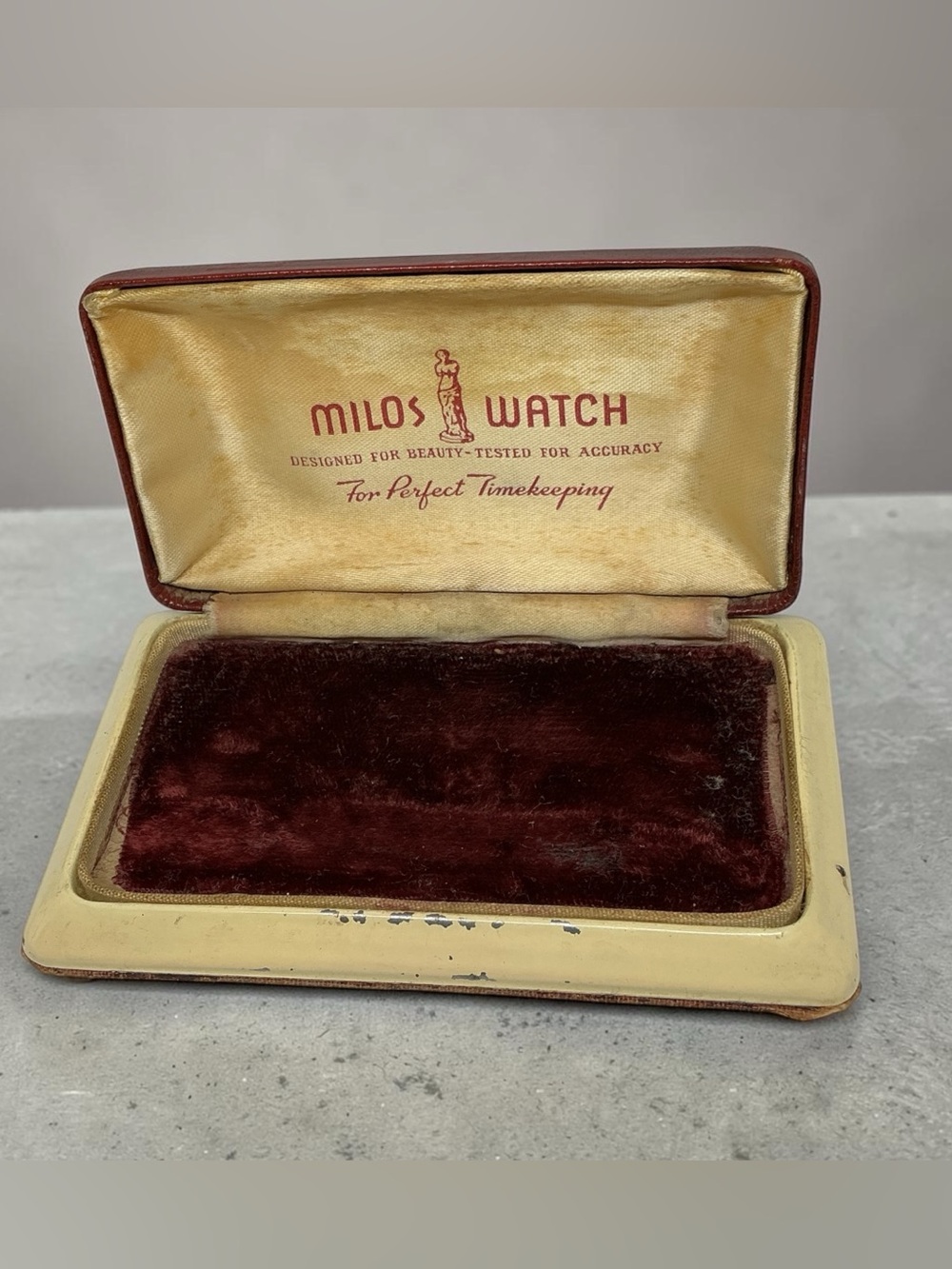 Vintage Milos Watch Presentation Box Case Burgundy Leatherette Mid Century
